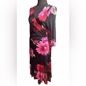 Karen Kane Black and Pink Floral 3/4 Sleeved Bodycon Midi Feminine Dress